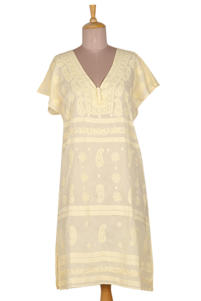 Vestido recto de algodón bordado - Vestido recto de algodón amarillo bordado hecho a mano