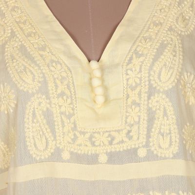 Vestido recto de algodón bordado - Vestido recto de algodón amarillo bordado hecho a mano