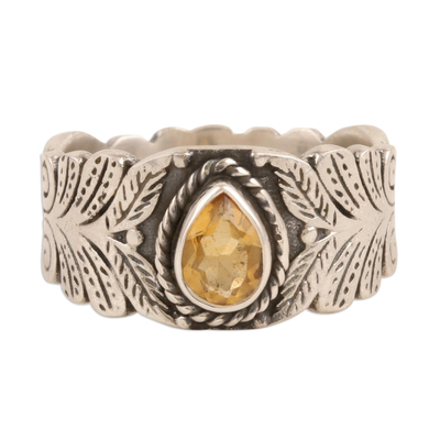 Citrine cocktail ring, 'Sunny Drop' - Hand Crafted Citrine and Sterling Silver Cocktail Ring