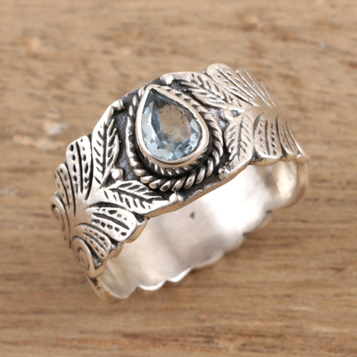 Blue topaz band ring, 'Iridescent Drop' - Artisan Crafted Blue Topaz and Sterling Silver Band Ring