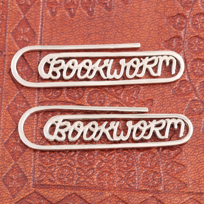 Sterling silver bookmarks, 'Bookworm' (pair) - Artisan Crafted Sterling Silver Bookmarks (Pair)