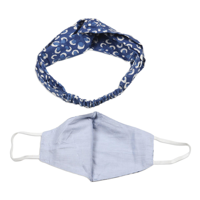 Cotton face mask and headband set, 'Indigo Flowers' - Hand Crafted Blue Cotton Face Mask and Headband Set