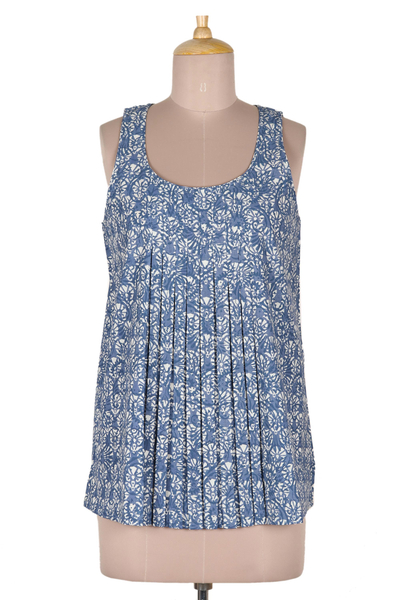 Sleeveless cotton blouse, 'Blue Cheer' - Printed Sleeveless Cotton Blouse with Floral Motif