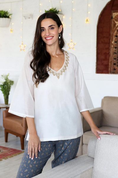 Embroidered cotton blend tunic, 'Mughal Flowers' - Artisan Made Embroidered Silk and Cotton Tunic from India