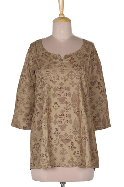 Viscose tunic, 'Down to Earth' - Screen Printed Floral Viscose Tunic from India