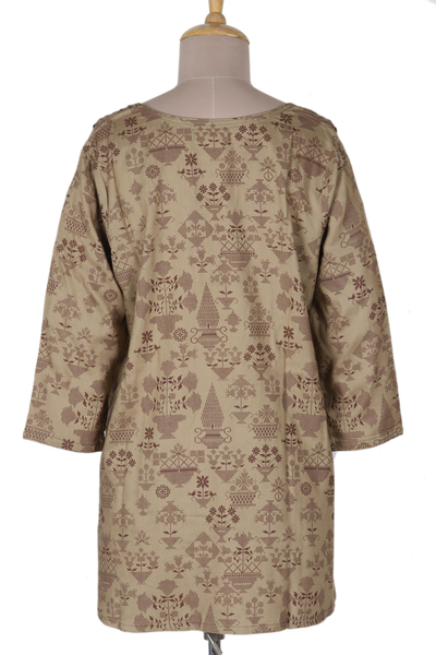 Viscose tunic, 'Down to Earth' - Screen Printed Floral Viscose Tunic from India