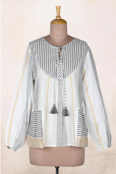 Hand woven cotton tunic, 'Sailing Stripes' - Hand Woven Striped Cotton Tunic