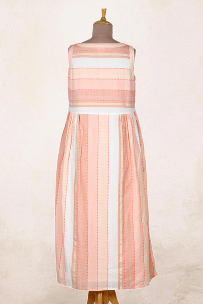 Embroidered cotton sundress, 'Horizon in Peach' - Hand Crafted Striped Cotton Sundress