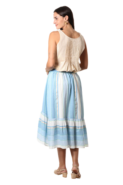 Hand woven cotton high-low skirt, 'Horizon in Blue' - Hand Woven High-Low Cotton and Lurex Skirt