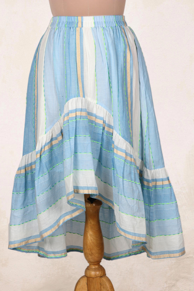 Falda asimétrica de tejido algodón a mano - Falda alta-baja de algodón y lúrex tejida a mano