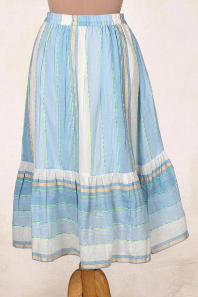 Hand woven cotton high-low skirt, 'Horizon in Blue' - Hand Woven High-Low Cotton and Lurex Skirt