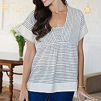 Hand woven cotton blouse, 'Sailing Stripes' - Hand Woven Striped Cotton Blouse