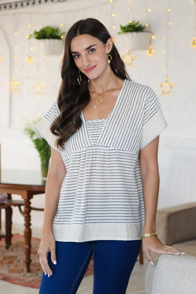 Hand woven cotton blouse, 'Breezy Stripes' - Hand Woven Striped Cotton Blouse