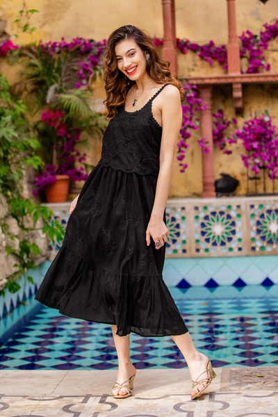 Embroidered cotton overlay dress, 'Black Summer Paisley' - Hand Embroidered Black Cotton Sundress from India