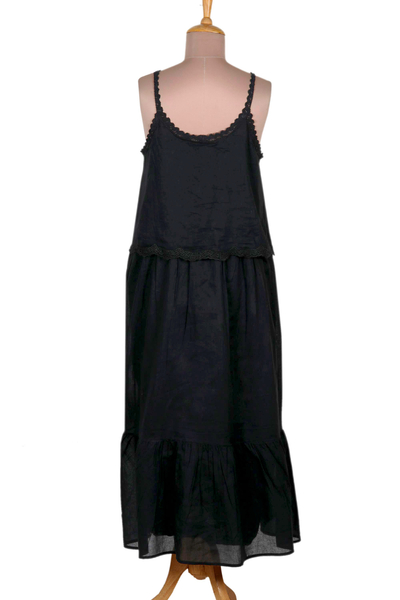 Kleid mit besticktem Baumwoll-Overlay - Handbesticktes Sommerkleid aus schwarzer Baumwolle aus Indien