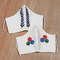 Embroidered cotton face masks, 'Nature's Harmony' (pair) - Hand Embroidered Floral Cotton Face Masks (Pair)