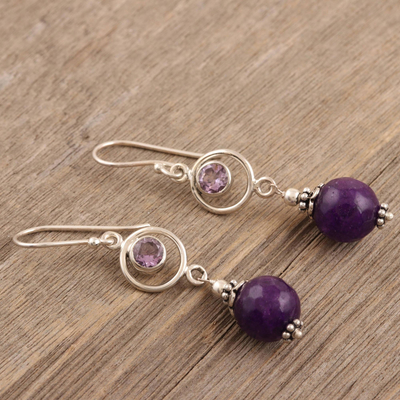Agate and amethyst dangle earrings, 'Purple Chill' - Handmade Agate and Amethyst Dangle Earrings from India