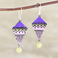 Hand painted ceramic dangle earrings, 'Pink Trapeze' - Hand Painted Ceramic Dangle Earrings from India