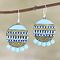 Hand painted ceramic dangle earrings, 'Sky Blue Baubles' - Hand Made Blue Ceramic Dangle Earrings from India