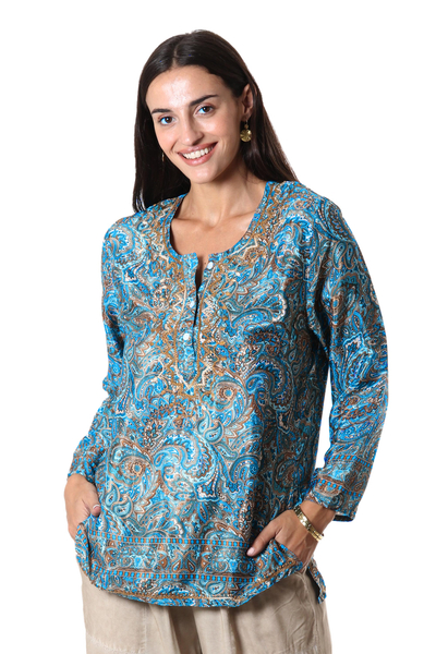 Embroidered tunic, 'Celestial Jaipur' - Printed Tunic with Hand-Embroidered Chikankari