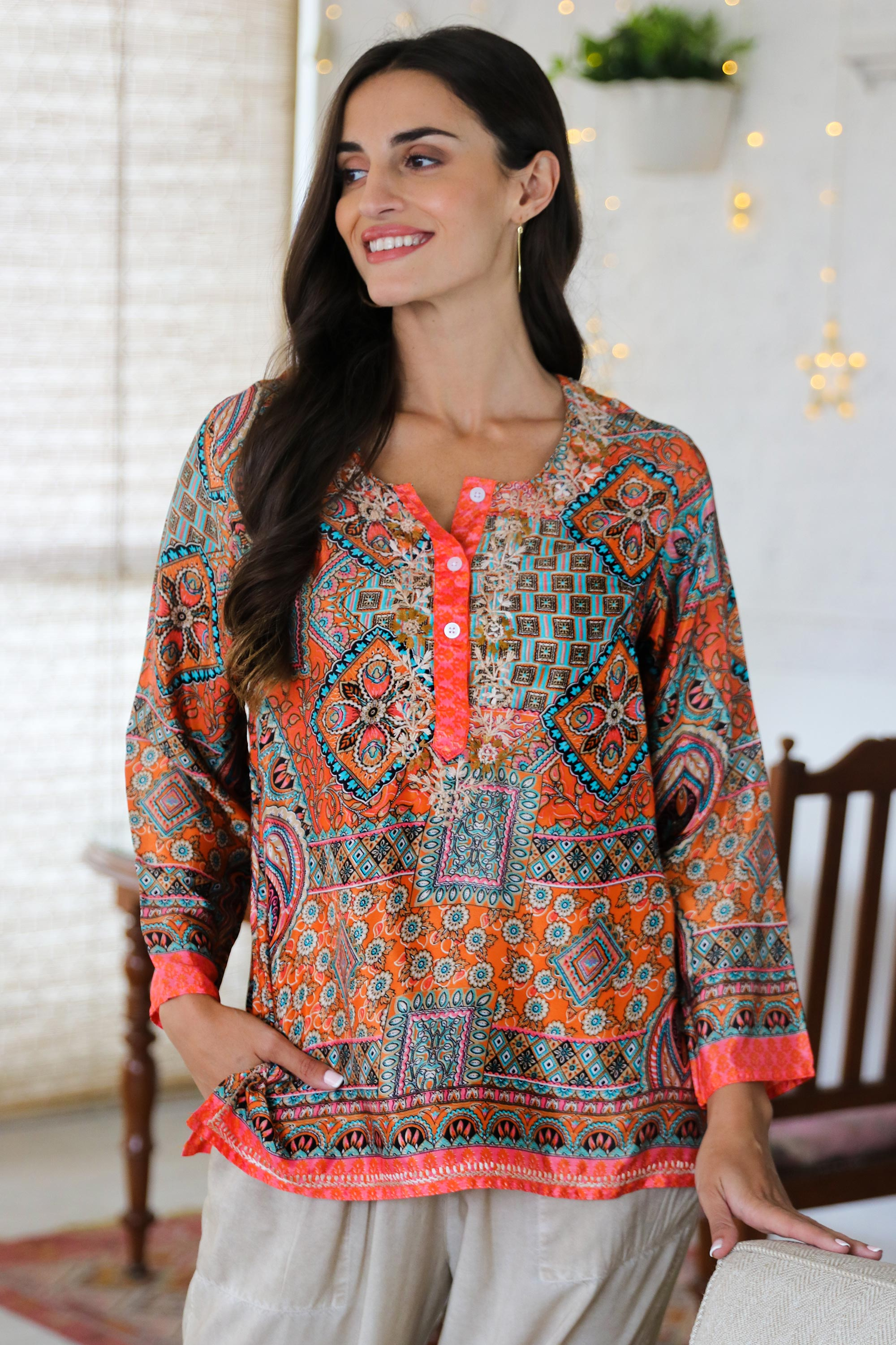 UNICEF Market | Hand Embroidered Floral Tunic from India - City Sunset