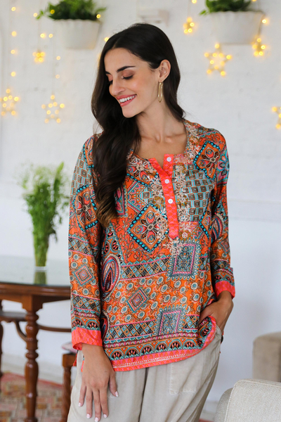 Embroidered tunic, 'City Sunset' - Hand Embroidered Floral Tunic from India