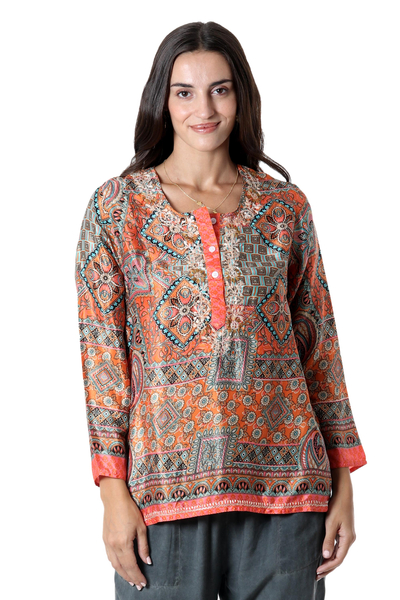 Hand Embroidered Floral Tunic from India - City Sunset | NOVICA
