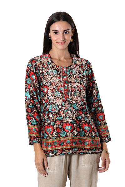 Embroidered tunic, 'Jaipur Palace' - Multicolored Tunic with Hand-Embroidered Chikankari