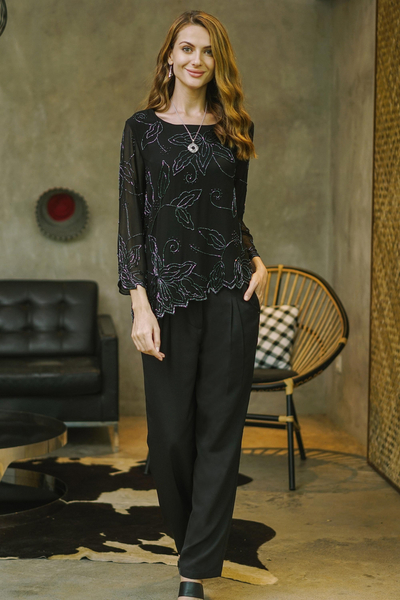 Embroidered pants, 'Midnight Train Ride' - Embroidered Full-Length Black Pants from India