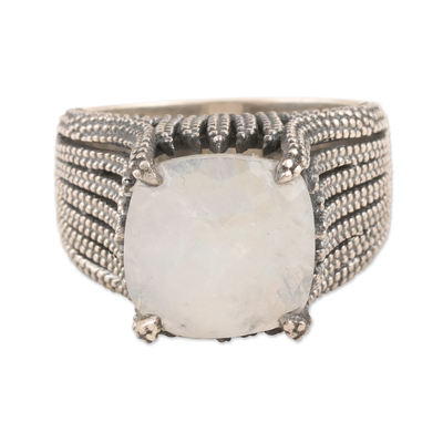 Anillo de hombre con piedra lunar arcoíris - Anillo de plata de ley y piedra lunar arcoíris para hombre