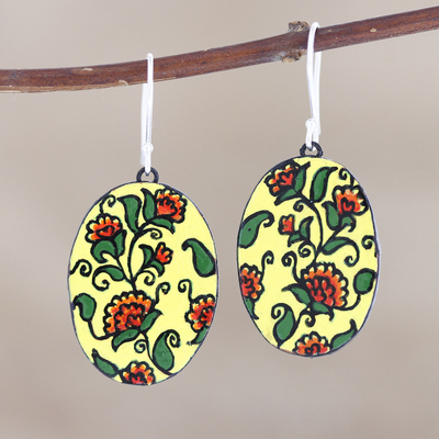 Hand painted ceramic dangle earrings, 'Yellow Trellis' - Oven Fired Ceramic Floral Dangle Earrings from India