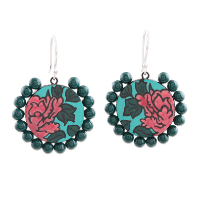 Hand Painted Ceramic Floral Dangle Earrings from India
