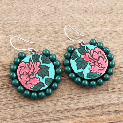 Hand painted ceramic dangle earrings, 'Bougainvillea Fantasy' - Hand Painted Ceramic Floral Dangle Earrings from India