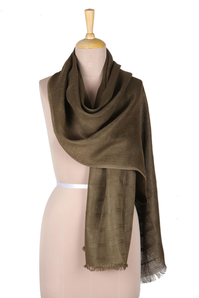 Silk shawl, 'Olive Elegance' - Hand Woven Eri Silk Shawl from India