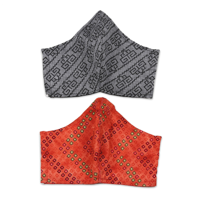 Cotton face masks, 'Geometric Alliance' (pair) - Screen Printed Cotton Face Masks from India (Pair)
