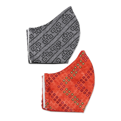 Cotton face masks, 'Geometric Alliance' (pair) - Screen Printed Cotton Face Masks from India (Pair)
