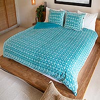 Bettbezug-Set mit Blockdruck, „Rajasthani Türkis“ (3-teilig) - Bettbezug- und Kissenbezüge-Set mit geometrischem Blockdruck (3-teilig)