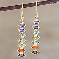 Gold-plated multi-gemstone dangle earrings, 'Chakra Stones'