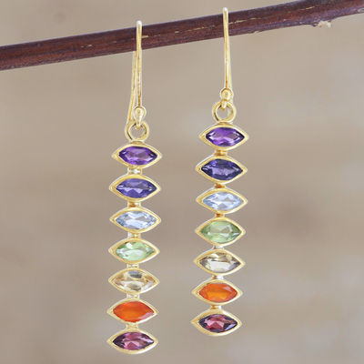 Gold-plated multi-gemstone dangle earrings, 'Chakra Stones' - Gold-Plated Multi-Gemstone Chakra Dangle Earrings
