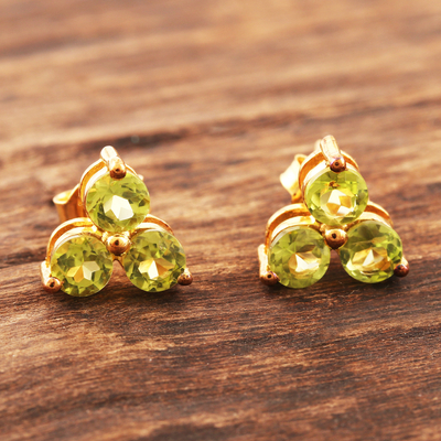 Gold-plated peridot stud earrings, 'Chennai Stars' - Gold-Plated Sterling Silver Peridot Stud Earrings from India