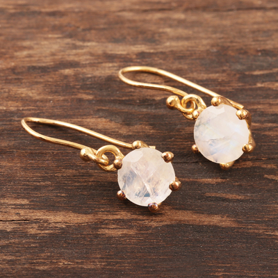 Gold-plated rainbow moonstone dangle earrings, 'Misty Freeze' - Gold-Plated Rainbow Moonstone Dangle Earrings from India