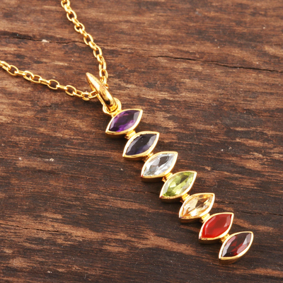 Gold-plated multi-gemstone pendant necklace, 'Chakra Stones' - Gold-Plated Multi-Gemstone Pendant Necklace from India
