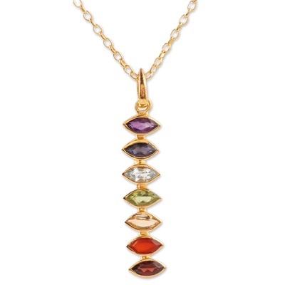 Gold-plated multi-gemstone pendant necklace, 'Chakra Stones' - Gold-Plated Multi-Gemstone Pendant Necklace from India