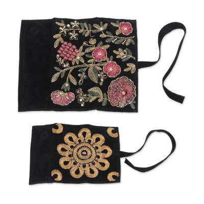 Embroidered jewelry rolls, 'Flower Path' (pair) - Artisan Crafted Floral Embroidered Jewelry Rolls (Pair)