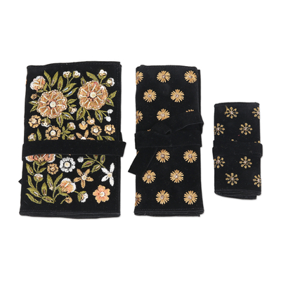 Embroidered jewelry rolls, 'Floral Saga' (set of 3) - Embroidered Floral Jewelry Rolls from India (Set of 3)