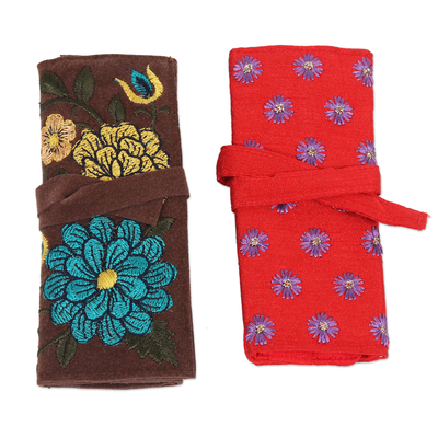Embroidered jewelry rolls, 'Fire and Earth' (pair) - Artisan Crafted Embroidered Floral Jewelry Rolls (Pair)