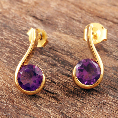 Gold-plated amethyst drop earrings, 'Purple Droplet' - Gold-Plated Sterling Silver Amethyst Drop Earrings