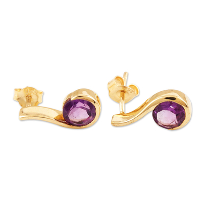 Gold-plated amethyst drop earrings, 'Purple Droplet' - Gold-Plated Sterling Silver Amethyst Drop Earrings