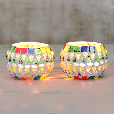 Glass mosaic tealight holders, 'Vibrant Leaves' (pair) - Colorful Glass Mosaic Tealight Holders from India (Pair)