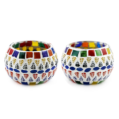 Colorful Glass Mosaic Tealight Holders from India (Pair)